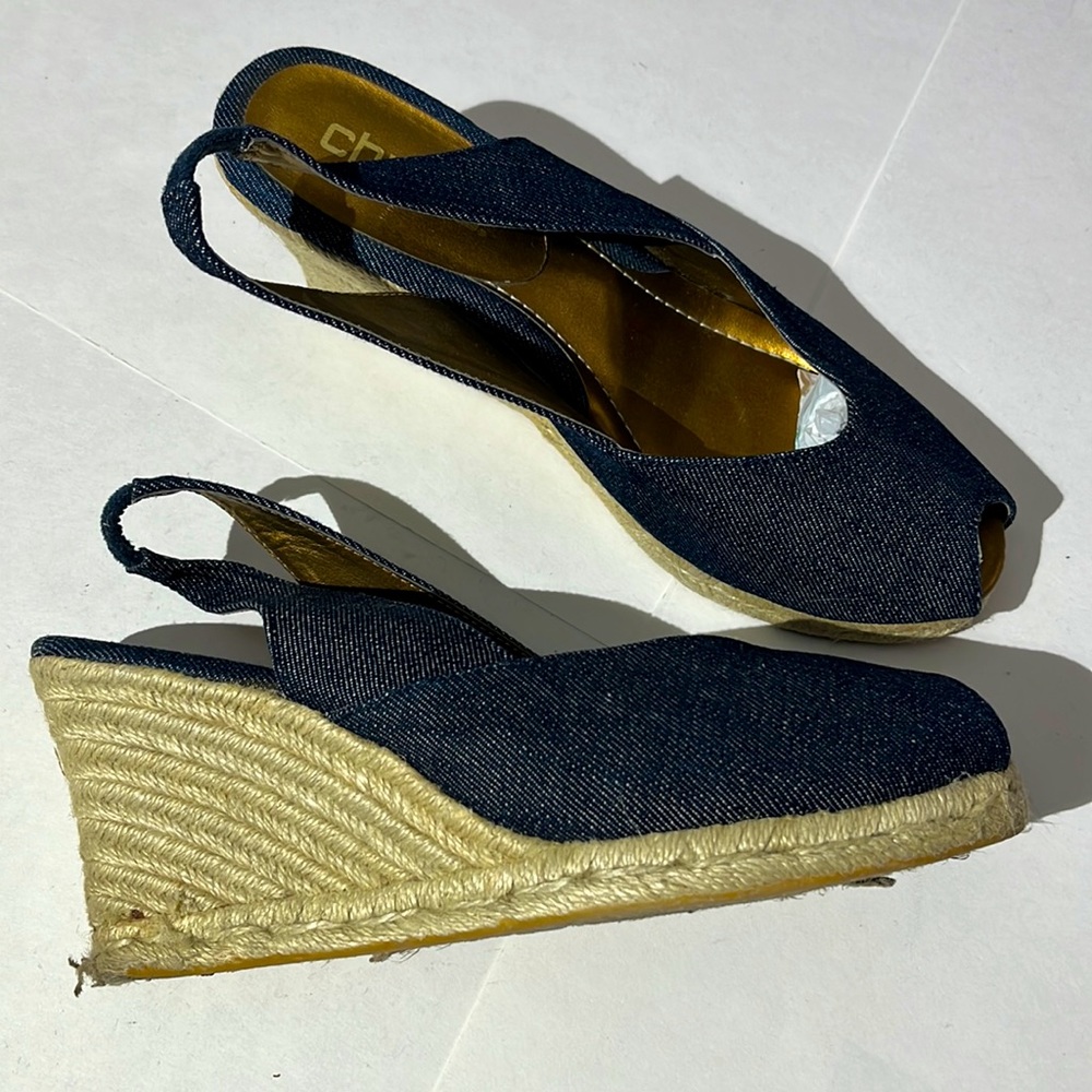 Chico's denim espadrille womens slingback heels shoes pumps size 9 peep toe